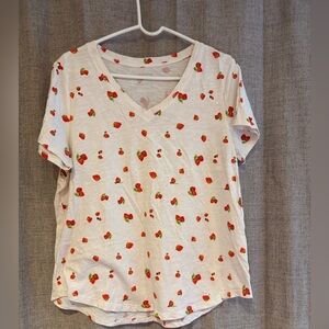 Old Navy White V-Neck Tee with Red Strawberry Print